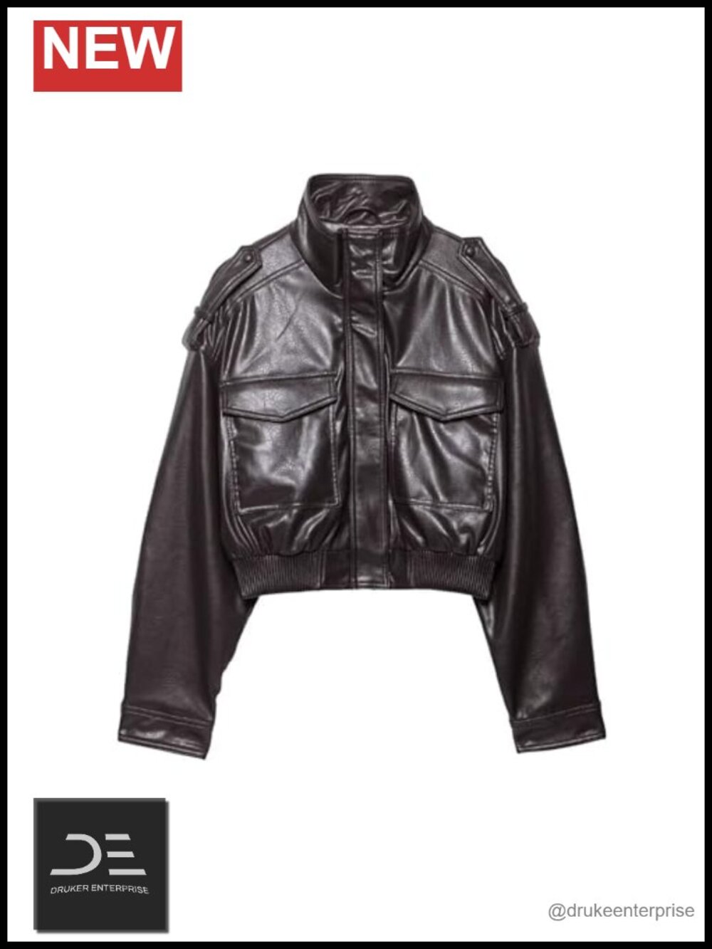 Cropped Faux Leather Bomber Jacket Zip Up Moto Biker Coat